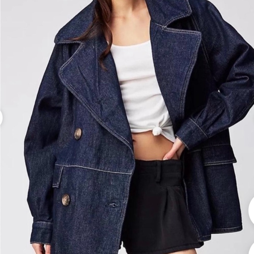 Free People Blue Jean Jacket Double-Breasted Coat